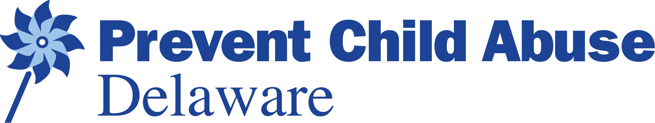 Logo with a blue pinwheel on the left and the words Prevent Child Abuse Delaware in blue text on a light background.