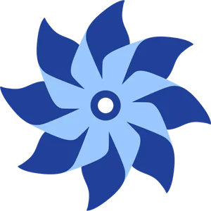 A stylized, abstract pinwheel design with alternating dark blue and light blue curved blades radiating from a central circle, resembling a windmill or flower, on a light background.