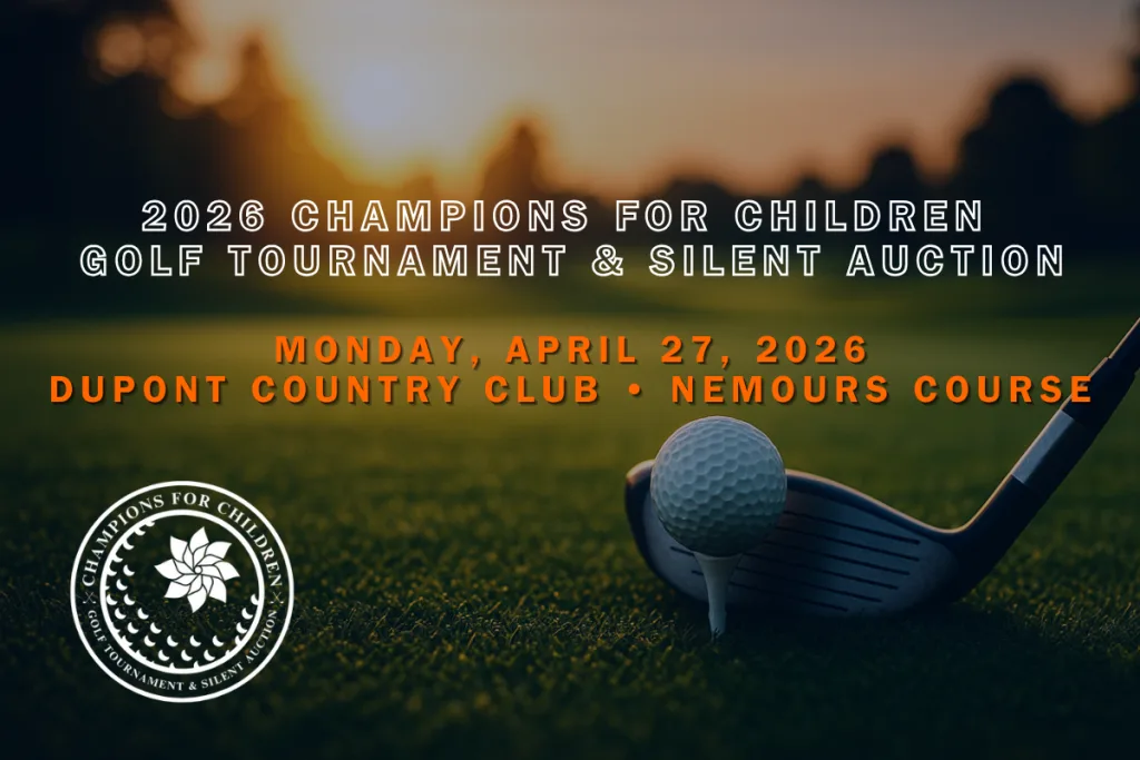 A close-up of a golf ball on a tee with a club ready to swing at sunset. Text announces the 2026 Champions for Children Golf Tournament & Silent Auction on April 27, 2026, at DuPont Country Club, Nemours Course.